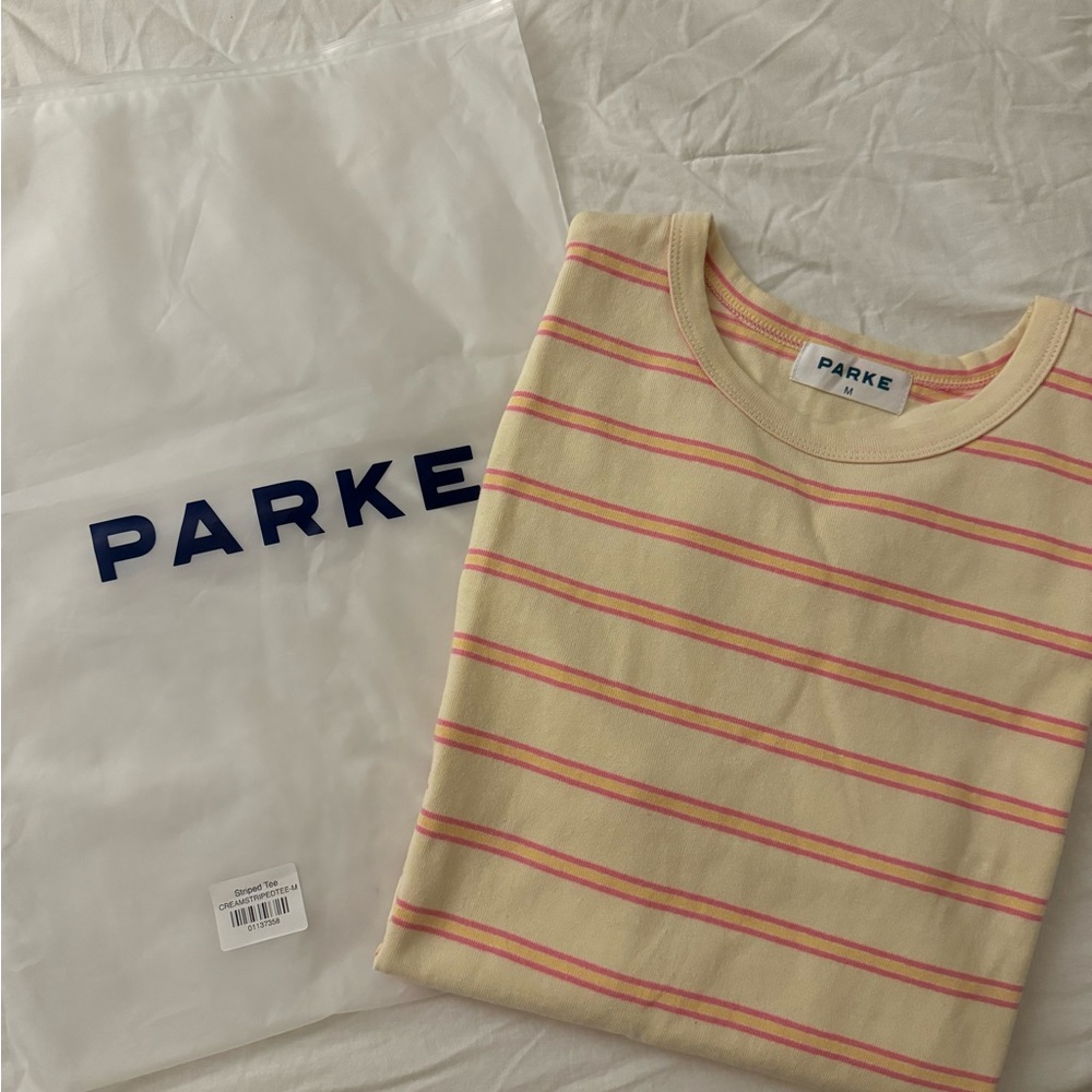 Parke Women's Long Sleeve Tee in Cream with Pink Stripes